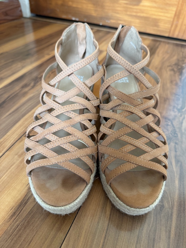 Eileen Fisher Tan Crisscross Espadrille Wedge Sandals